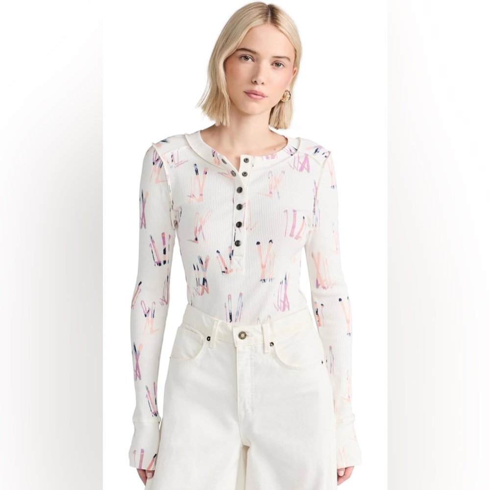 Free People FP Movement Women's Rally Printed Long-Sleeve Henley Knit Layer Skis - Picture 15 of 16